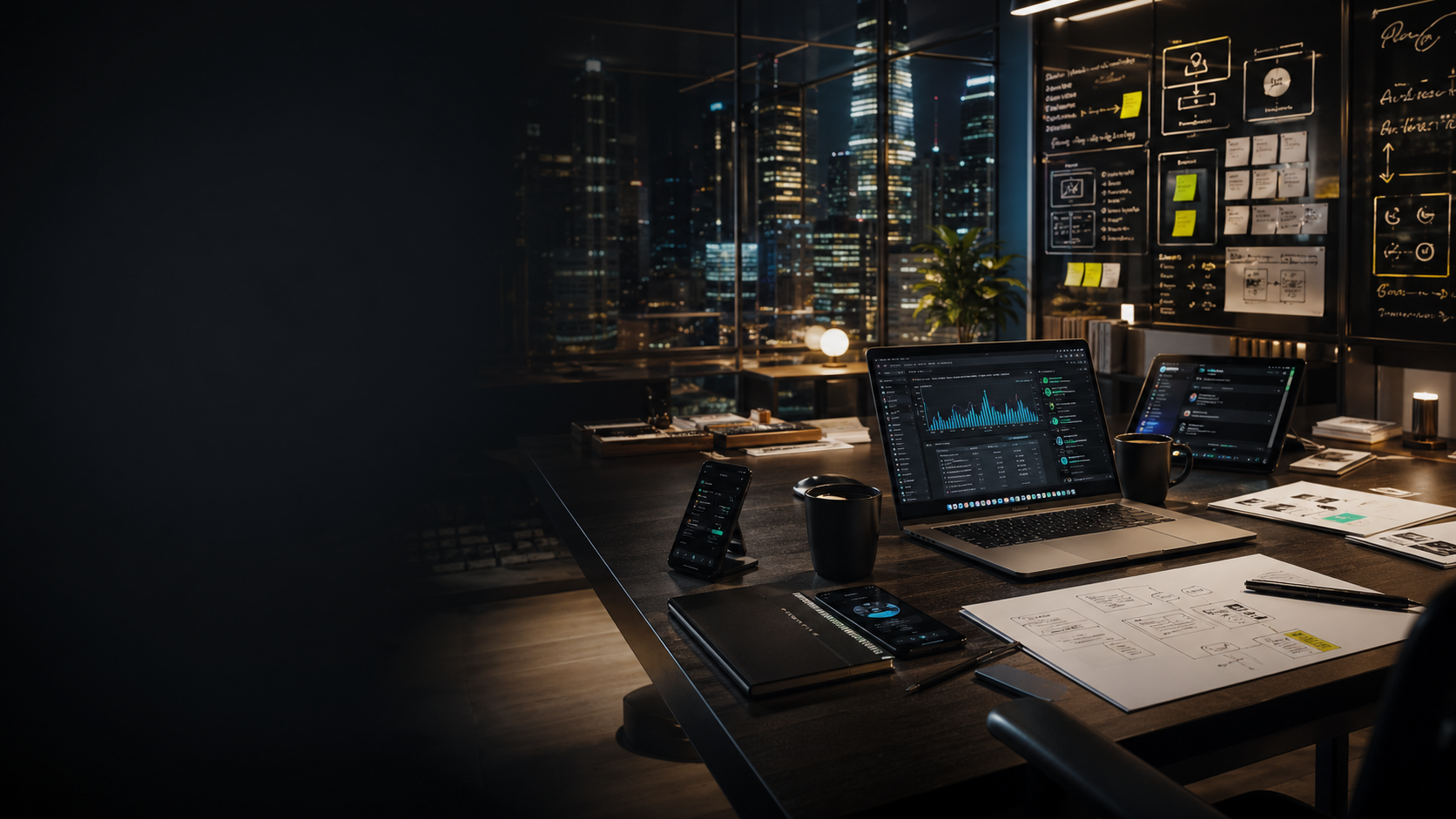 Sophisticated software studio workspace with application interfaces and strategy boards